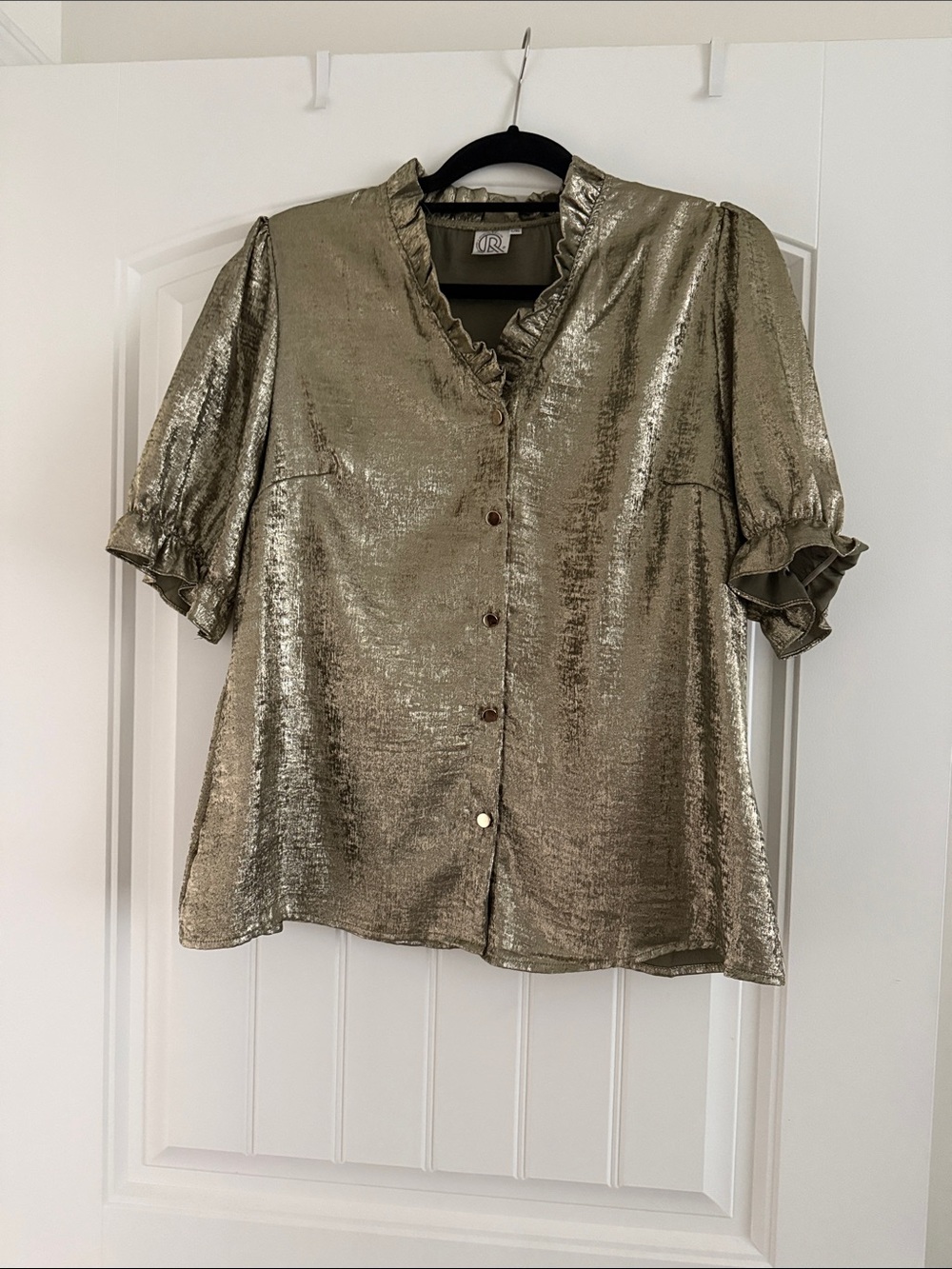 Shimmery Hold/Olive Metallic Ruffle V-Neck Button Front Top